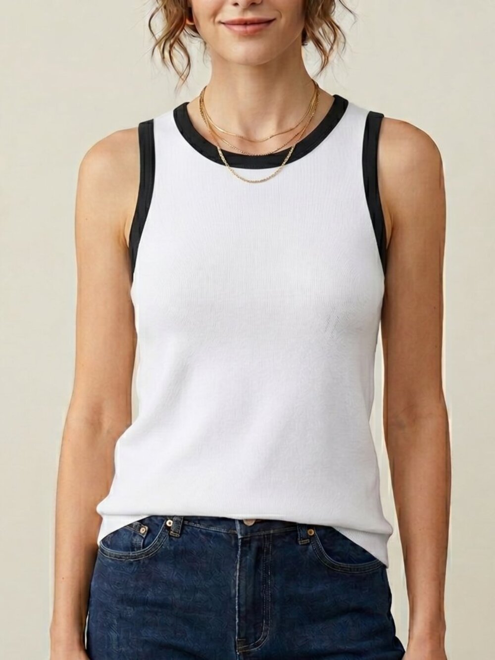 NWT | Zeagoo White & Black Contrast Trim Knit Tank Top | Quiet Luxury | M